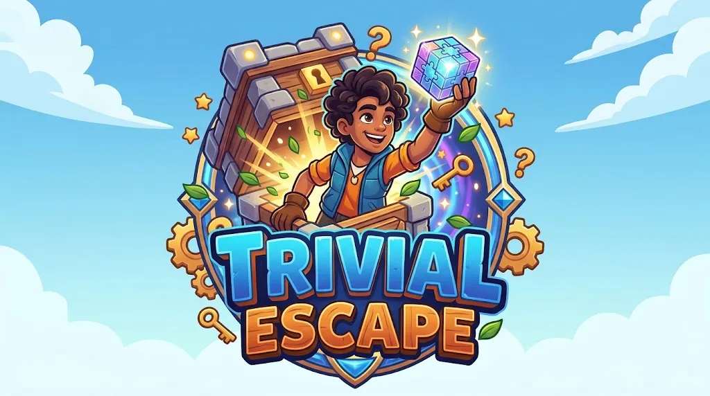 Trivial Escape key art: a cartoon adventurer climbs out of a treasure chest holding a glowing puzzle cube, surrounded by keys, gears, and question marks