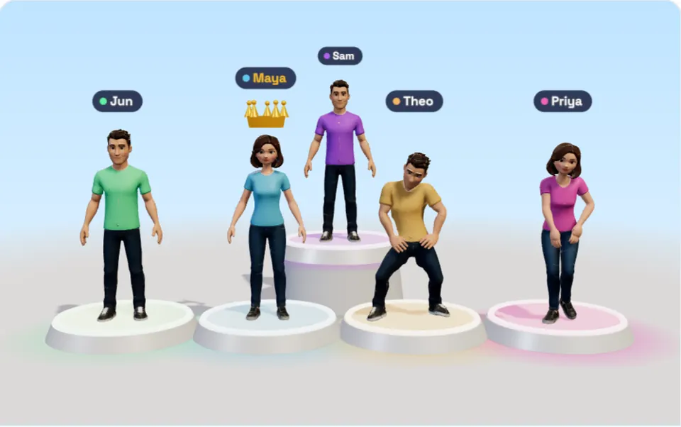 The lobby: five players on glowing pedestals with name tags, the party leader under a gold crown, two of them dancing because they are ready.