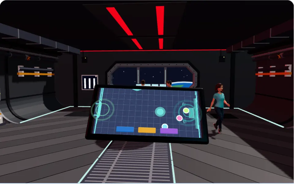 A phone floating on the spaceship deck, showing a live map of the deck with each player's dot and pings on the console and the hatch.